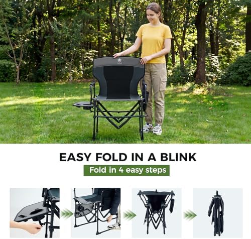 EVER ADVANCED Camping Directors' Chair with Side Table, Portable Folding with Compact Size, Heavy Duty Lawn Chair with Pocket for Camping, Sports and Fishing, 400lbs, Black Grey