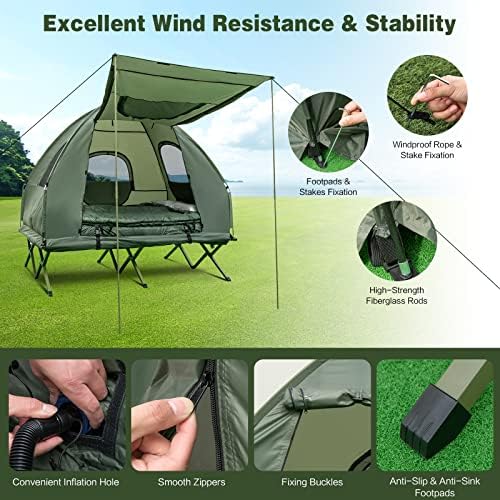 DORTALA 2-Person Tent Cot, Foldable Elevated Camping Tent w/Air Mattress & Sleeping Bag, Portable Dome Camping Tent Cot for Hiking, Camping & Picnic