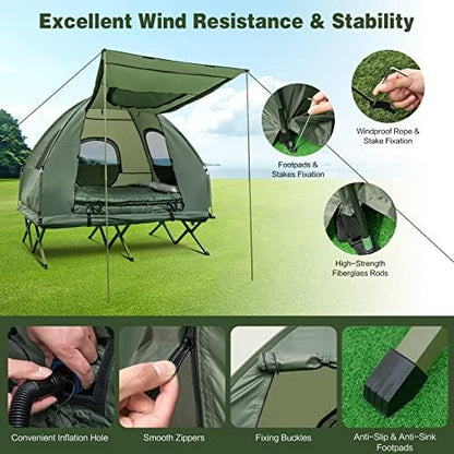 DORTALA 2-Person Tent Cot, Foldable Elevated Camping Tent w/Air Mattress & Sleeping Bag, Portable Dome Camping Tent Cot for Hiking, Camping & Picnic