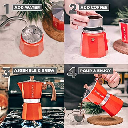 GROSCHE Milano Stovetop Espresso Maker Moka Pot 3 espresso Cup, 5 oz Red