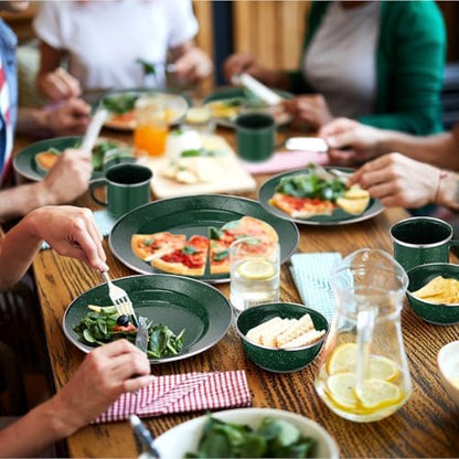Nuogo 48 Pcs Camping Dinnerware Enamel Mugs Plates Bowls Utensils, Green