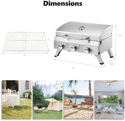 Bonnlo 3 Burner Portable Gas Grill, 30,000 BTU Tabletop Camping Grill with Ignition & Lockable Lid, Stainless Steel Propane Grill with Foldable Legs & Thermometer for Outdoor Patio BBQ RV Use