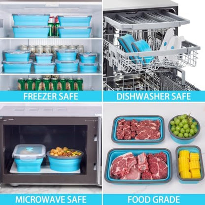 Collapsible Food Storage Containers with Lids 10 Pack(81oz/58oz Extra Large Included), 6 Rectangular+4 Round, Annaklin Silicone Collapsible Food Containers Sets Microwave Freezer Dishwasher Safe, Blue