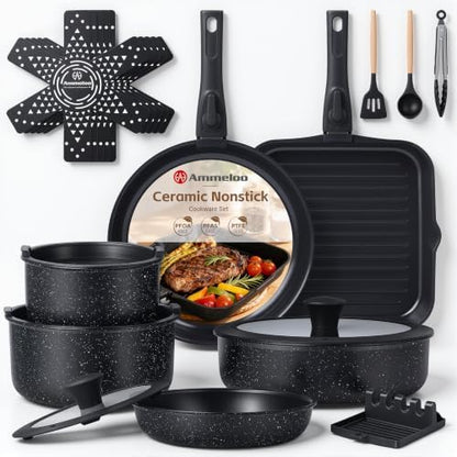Ammeloo 21Pcs Pots and Pans Set Non Stick with Detachable Handle, Grill Pan