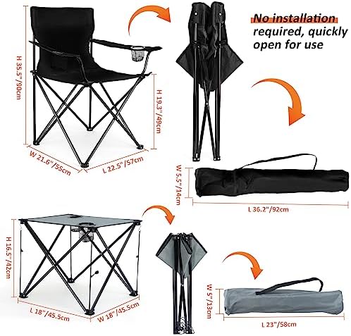 Leonyo 2Pcs Folding Camping Chairs for Adults, Lawn Chairs & Table, Black