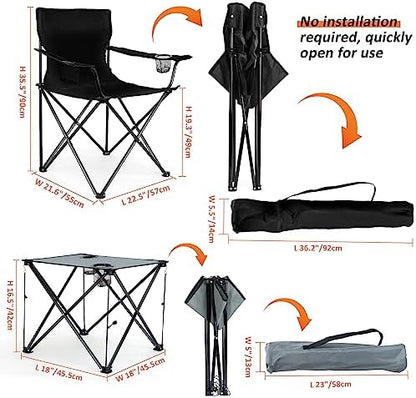 Leonyo 2Pcs Folding Camping Chairs for Adults, Lawn Chairs & Table, Black