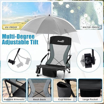 Folding Beach Chair with Umbrella for Adults, 2 Pack Portable Low Beach Chairs with 300lbs Capacity, Lightweight Fodable Camping Chair for Travel, Picnic, Concert & Outdoor Activities, Black-Grey
