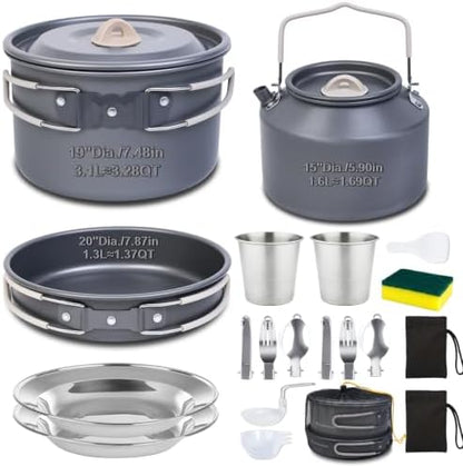 22-Piece Large Camping Cookware Set, 3.3L Pot & Kettle