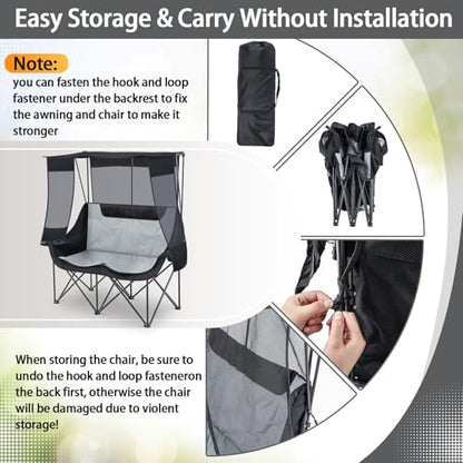 Teenyyou Double Camping Chair with Canopy 660lbs Heavy Duty, Black and Grey