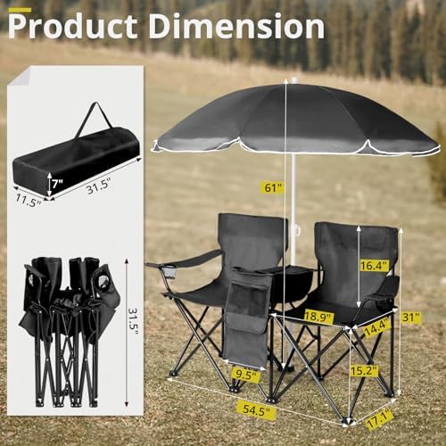 Outvita Folding Double Camping Chair w/Umbrella, Cooler for Beach Patio L