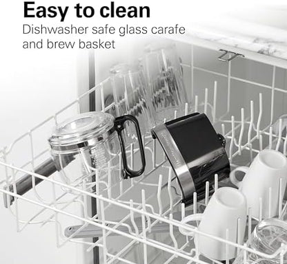 Hamilton Beach 5 Cup Drip Coffee Maker with Easy FrontFill Basket, Compact Design, Works with Smart Plugs, Glass Carafe, Auto Pause and Pour, Black & Stainless Steel (46112)