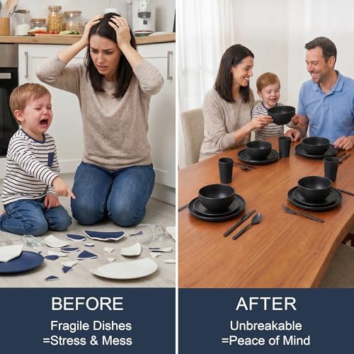 28 Piece Dinnerware Set for 4, Unbreakable Plates and Bowls Sets