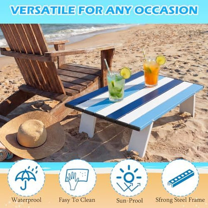 CroBlissful Beach Table Folding Camping Portable Table Striped White Aluminum Side with Carry Bag for Summer Camping Picnics and Outdoor Activities(22x16x5 in,Navy Blue)