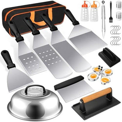 Terlulu Griddle Accessories Kit, 28 PCS Flat Top Grill Accessories for Blackstone and Camp Chef, Metal Spatula Set with Burger Press, Melting Dome, Tongs, Scraper, Carry Bag for Outdoor Grilling BBQ