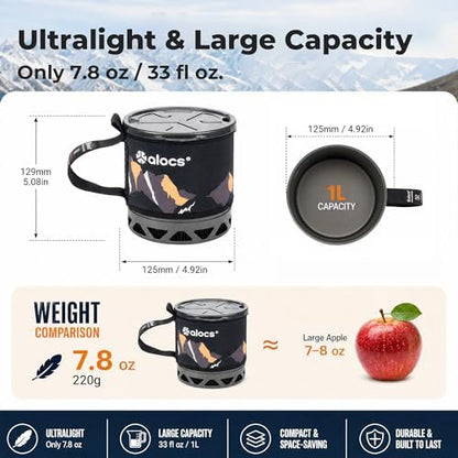 ALOCS 1L Ultralight Camping Pot with Heat Exchanger & Folding Handle, High Efficiency Aluminum Backpacking Pot with Tritan Lid, Compact Durable Cookware for Hiking Traveling