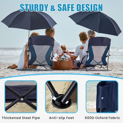 Folding Beach Chair with Umbrella for Adults, 2 Pack Portable Low Beach Chairs with 300lbs Capacity, Lightweight Fodable Camping Chair for Travel, Picnic, Concert & Outdoor Activities, Navy Blue