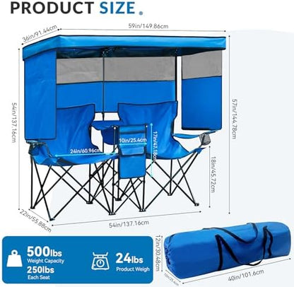 Double Beach Chair with Canopy Shade Oversized Camping Chairs with Canopy, Cooler Bag & Cup Holder Folding Loveseat for Camp Fishing Beach