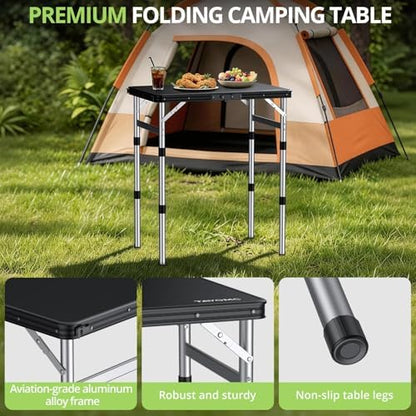 2ft Plastic Folding Table, 3 Adjustable Height Waterproof Small Folding Camping Table Lightweight & Portable with Carry Handle, for Indoor Outdoor RV Travel Picnic Beach, 22.8" X 15.7", Black