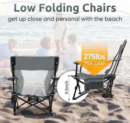 HaSteeL Low Beach Chairs, 2Pcs Folding Camping Lawn Chairs - Grey