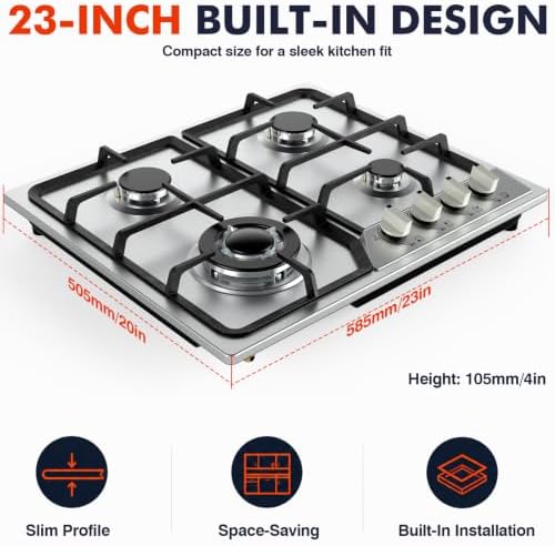 Llamaviva 24 Inch Gas Cooktop, 4 Burner Propane Stove Top with 26,000 BTU