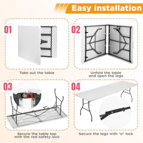 FDW | 8FT Folding Table | White | Portable Plastic Table