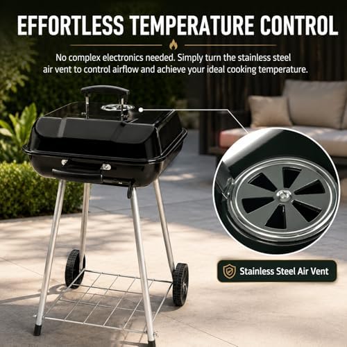 17.5 Inch Square Charcoal Grill with Wheels, Portable Outdoor BBQ Kettle