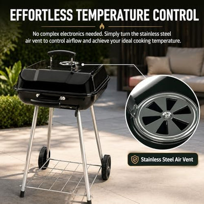 17.5 Inch Square Charcoal Grill with Wheels, Portable Outdoor BBQ Kettle