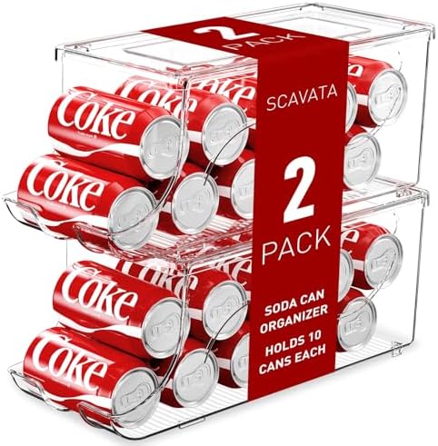 SCAVATA 2 Pack Stackable Refrigerator Organizer, Soda Can Dispenser Pop Cans Container Beverage Holder with Lid for Fridge, Freezer, Kitchen, Clear Plastic Storage Bins-Holds 10 Cans Each