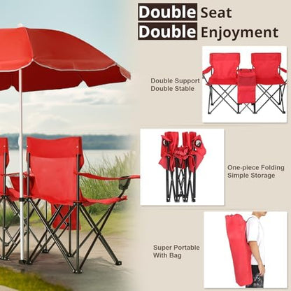Outvita Folding Double Camping Chair w/Umbrella, Cooler for Beach Patio L