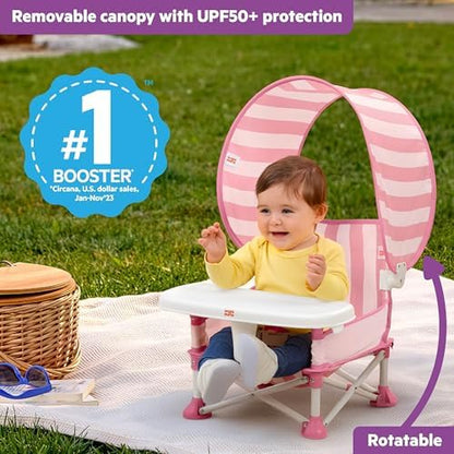 Bright Starts Pop 'N Sit Cabana Baby Beach Portable Booster Chair with UPF Canopy, Floor Seat for Indoor/Outdoor Use, Compact Fold, Pink, 6 Months–3 Years