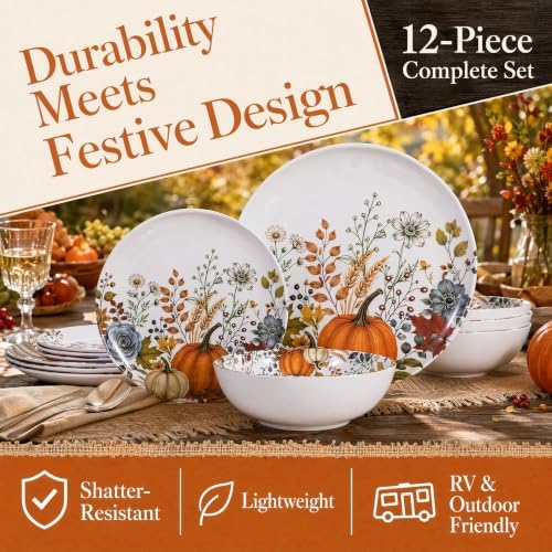 12pcs Melamine Dinnerware Set - Fall Pumpkin Plates and Bowls for RV