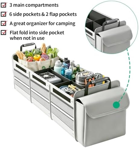 Car Trunk Organizer with Removable Cooler Bag - Collapsible Multi-Compartment Storage for SUV Truck Groceries Camping, Durable Nylon Auto Cargo Organizer (Gray)