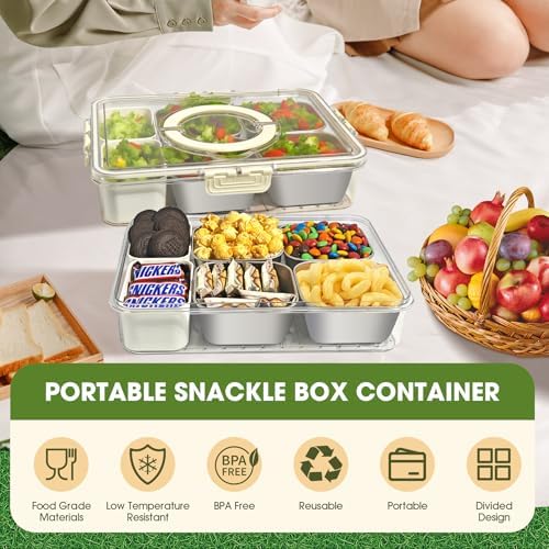 6 Compartment Snackle Box Container 3.82L with Lid & Handle, 4 PCS Stainless Steel Snacklebox and 2 PCS Plastic Box, Detachable & Dishwasher Safe, Divided Box Storage for Snack Fruit Nut