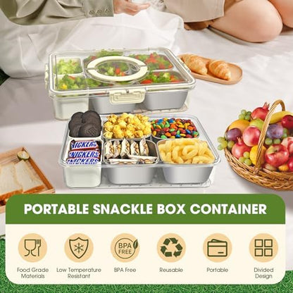 6 Compartment Snackle Box Container 3.82L with Lid & Handle, 4 PCS Stainless Steel Snacklebox and 2 PCS Plastic Box, Detachable & Dishwasher Safe, Divided Box Storage for Snack Fruit Nut
