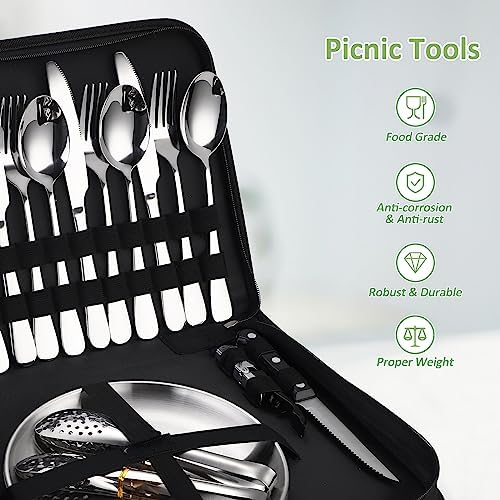 Camping Silverware Kit Cutlery Organizer Utensil Picnic Set Stainless Steel Plate Spoon Clip and Serrated Knife Wine Opener Fork Napkin Hiking - Camp Kitchen BBQ’s