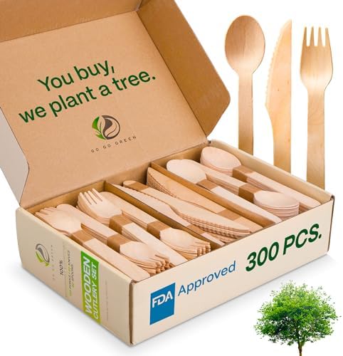 100% Compostable Cutlery Set - 300 Pieces Wooden Compostable Utensils [120 Forks, 90 Knives, 90 Spoons] - Disposable Wooden Cutlery, Eco Friendly Forks And Spoons Disposable Cutlery Set Party Utensils