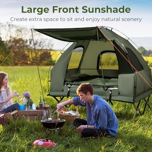 GYMAX Tent Cot, 5-in-1 Folding Camping Cot with Mattress & Pillows, Sleeping Bags, Sunshade, Camping Tent Elevated with Carrying Bag for Outdoor Hiking, Fishing, Picnic (2-Person)