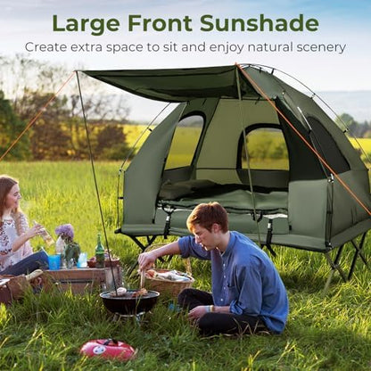 GYMAX Tent Cot, 5-in-1 Folding Camping Cot with Mattress & Pillows, Sleeping Bags, Sunshade, Camping Tent Elevated with Carrying Bag for Outdoor Hiking, Fishing, Picnic (2-Person)