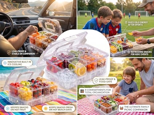 Chilled Snackle Box Container with Ice Tray - 8 Compartment Serving Tray with Lid & Handle, Leak-Proof & Odor-Free Snack Box, Portable Cold Food Platter for Picnic, Party, Travel, Road Trip