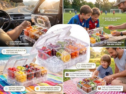 Chilled Snackle Box Container with Ice Tray - 8 Compartment Serving Tray with Lid & Handle, Leak-Proof & Odor-Free Snack Box, Portable Cold Food Platter for Picnic, Party, Travel, Road Trip