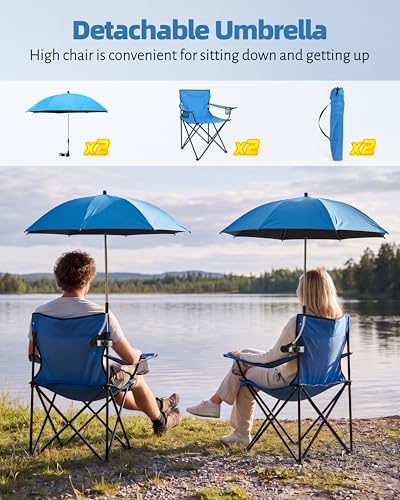 HaSteeL 2PCS Camping Chairs with Detachable Umbrella, Folding Beach Chair for Adults, Large Portable Foldable Chair for Outdoors Fishing Hiking Travel Picnic Lawn, Supports 275lbs, Storage Bags, Blue