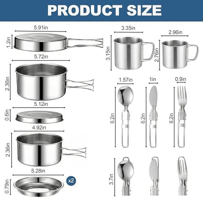 14-Piece Camping Cookware Set, 304 Stainless Steel Pots and Pans