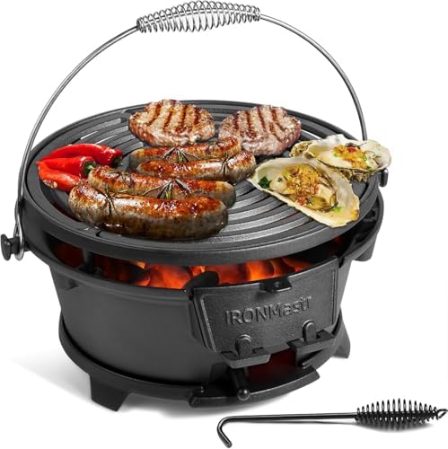 IronMaster Hibachi Grill, 100% Cast Iron, Tabletop Small Portable Charcoal Grill for Outdoor Camping - 2 Heights, Air Control, Coal Door, Ideal for 2 People