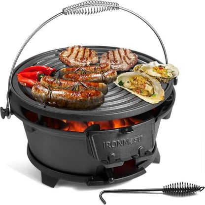 IronMaster Hibachi Grill, 100% Cast Iron, Tabletop Small Portable Charcoal Grill for Outdoor Camping - 2 Heights, Air Control, Coal Door, Ideal for 2 People