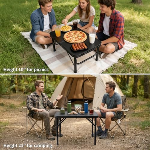 Folding Camping Table, Black Aluminum Frame,2-Position Adjustable Height,Lightweight Carry Handle, Portable for Travel, Camping Outdoor Use, 2 Ft x 1.5 Ft(Small), Black