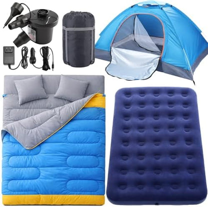 4 Pcs Camping Tent Set Include 1-2 Person Tent, Sleeping Bag, Air Mattress and 110v Ac/12v Electric Air Pump with 3 Nozzles Easy Set up Shelter with Rain Fly and Carrying Bag for Outdoor