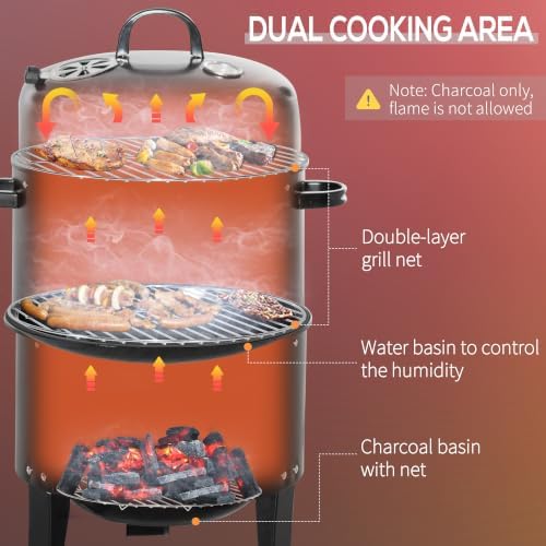 Outsunny Vertical Charcoal BBQ Smoker 3-in-1 16" Round, Black