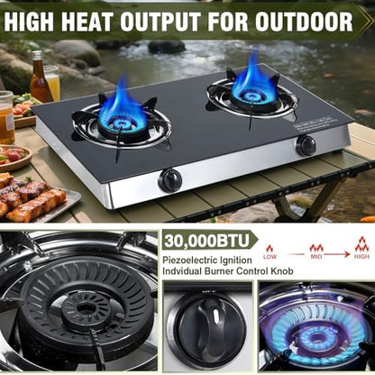 BESTFIRE 2-Burner Propane Gas Cooktop, 30,000 BTU Portable Tempered Glass Stove with Auto-Ignition, CSA Certified Regulator & Hose, Double Burner Stove for Camping, RV & Patio