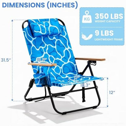 2 Pack Premium 5-Position Reclining Camping Chair Portable Folding Lightweight Outdoor Chair with Wooden Armrests, Headrest & Pockets, 350lbs Heavy Duty for Beach, Patio, Ocean Wave Blue