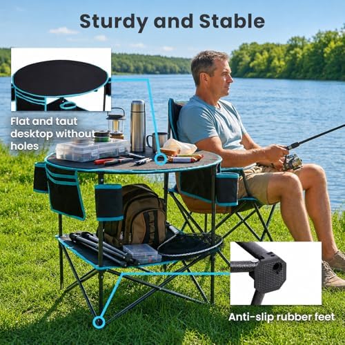 FUNDANGO Portable Folding Camping Table with 4 Cup Holders, 2-Tier